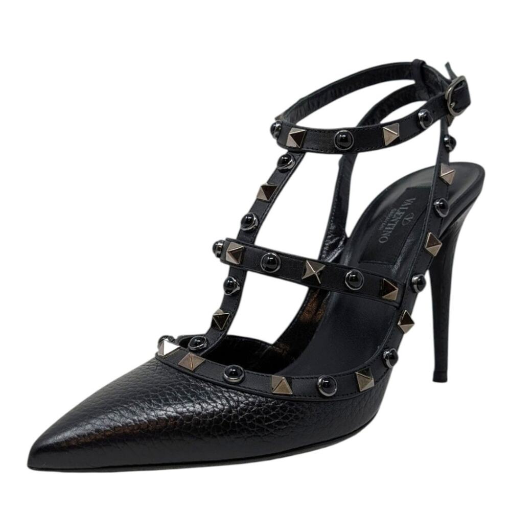Valentino Pebbled Leather Onyx Rockstud Rolling Ankle Strap 100mm Pump Black 37